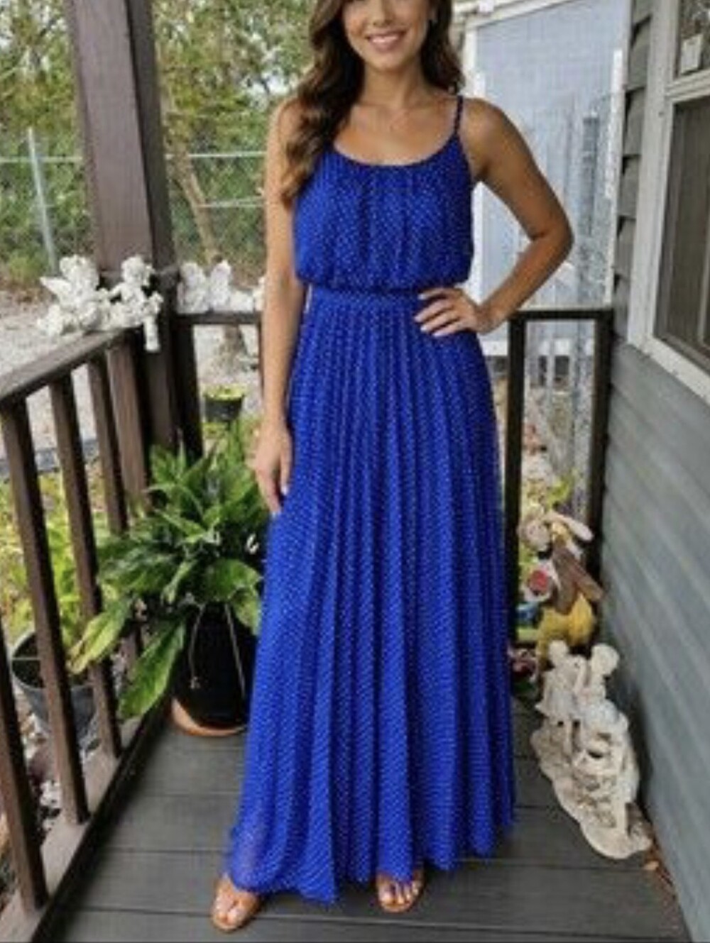 NWT Robbie Bee Blue Polka Dot Maxi Dress with Gold Belt..Size:16